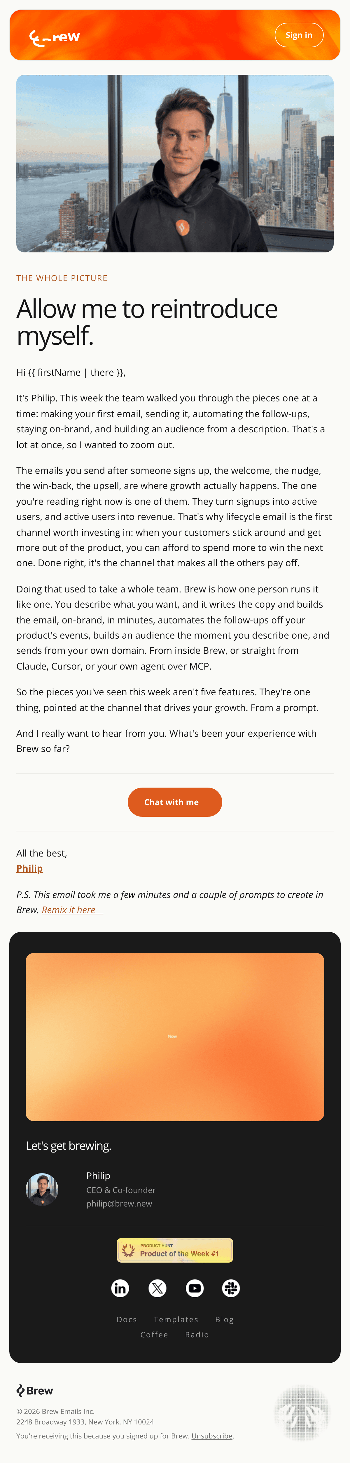 Allow me to reintroduce myself

Create a copy-forward founder note from Philip that inherits the reference email's heade email design
