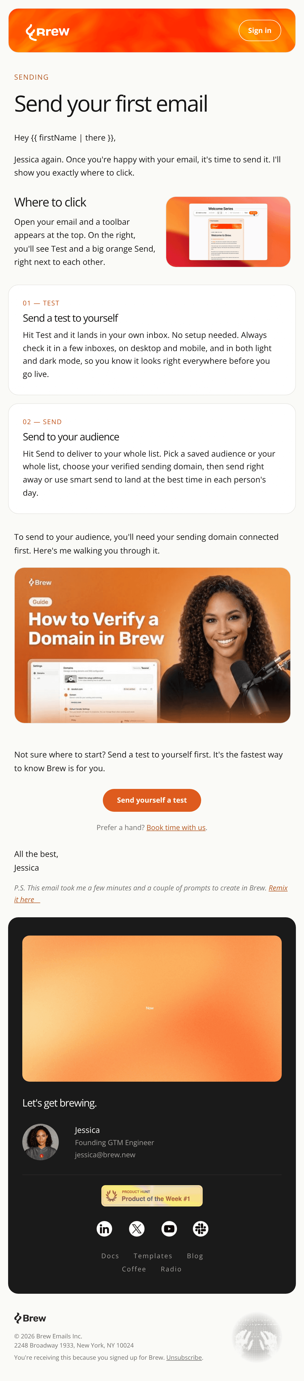Design a new email for our welcome-flow series. Use our reference email (the CEO welcome) as your BRAND and STYLE refere email design