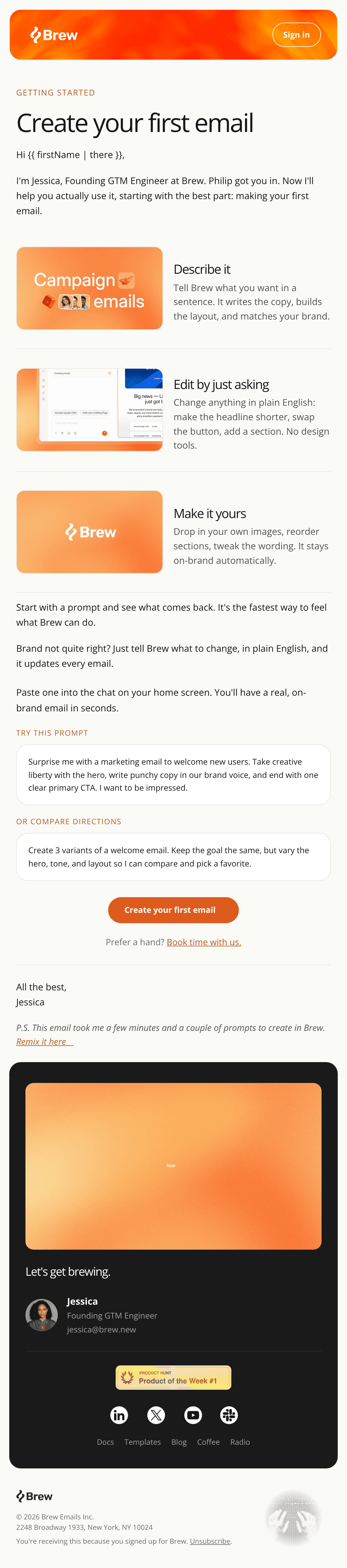 WELCOME SERIES STEP 3 — CREATE YOUR FIRST EMAIL (from Jessica). Use the reference (CEO welcome) only as the brand/style  email design