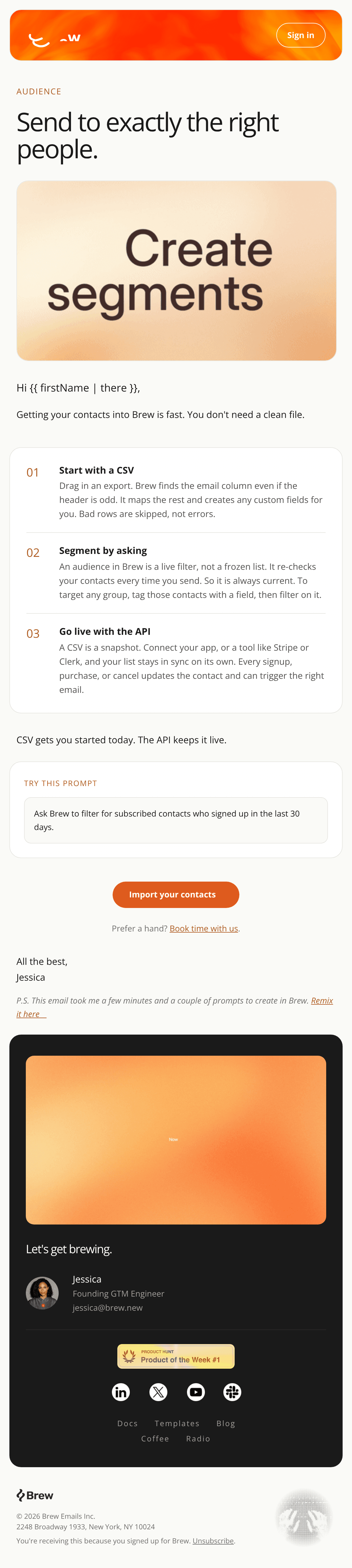 WELCOME SERIES STEP 7 — AUDIENCE (from Jessica, a returning sender). Design this email in our brand family using the ref email design
