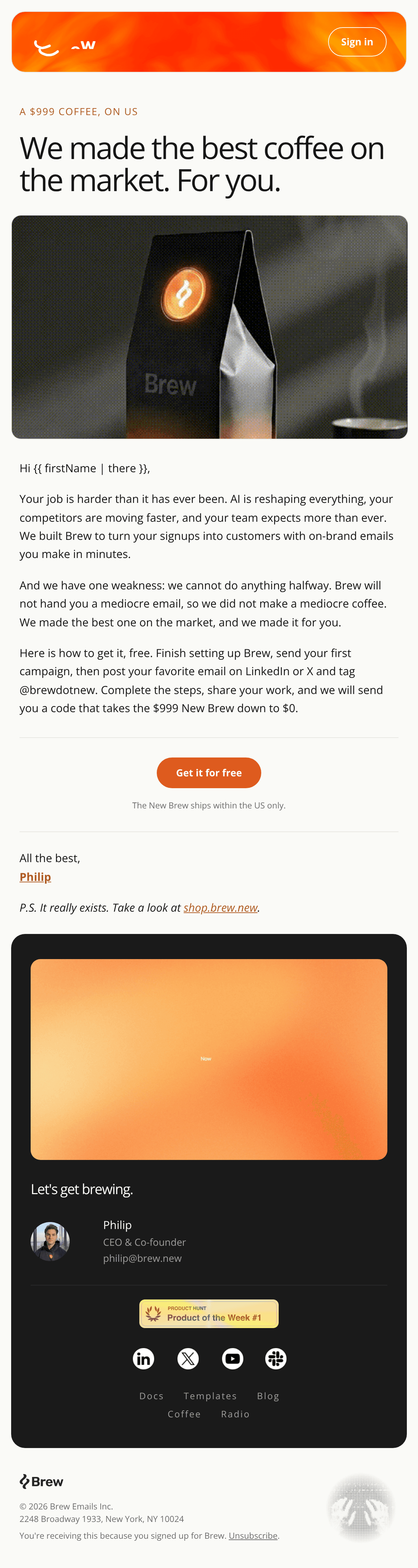 Create an email titled "Coffee's on us, let's talk" that inherits the reference email's header, dark Philip signature ca